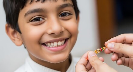 Young boy smiling while receiving rakhi during Raksha Bandhan celebration  