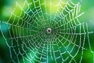 Naklejka premium Close-up of a dewdrop-covered spider web glistening in the morning sunlight in a lush garden setting