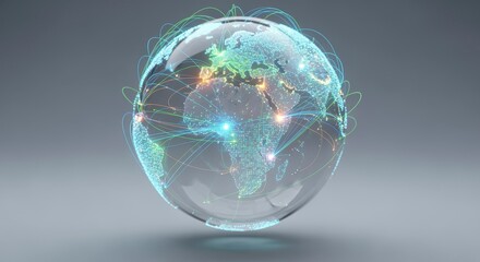 A digital globe with glowing network lines representing global connectivity and data exchange.