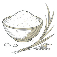 Sketch Style Bowl of Rice with Stalk and Leaves Vector Design