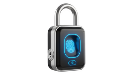 A secure fingerprint padlock is displayed against a transparent background, representing modern security and access control systems for business, offering advanced technology protection.