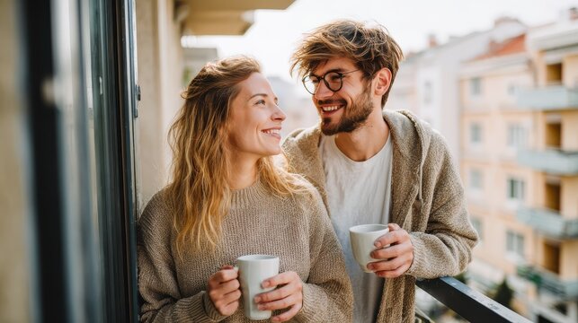 Young couple owners with coffee on balcony in new flat, moving in, new home and relocation concept., no logos, no brands