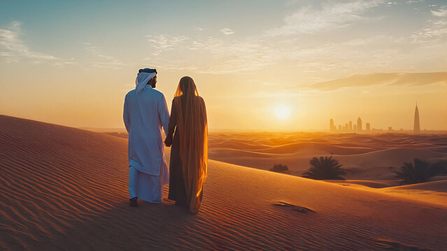 Muslim Couple at Sunset with Mosque on the Horizon , Muslim couple at sunset holding hands with a serene feeling in the desert landscape featuring a mosque