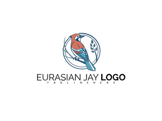 Blue Eurasian Jay Logo Design for Branding Eco Merchandise. Vector Bird Symbol Ideal for Forest Tour Identity, Ornithology Projects, Nature Journals, and Wildlife Conservation Logos.

