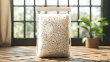 Bag of Rice on Floor, Vacuum packed rice bag in a bright kitchen with copy space, mockup
 