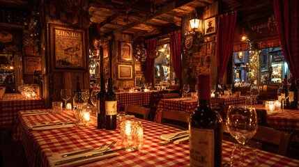 Obraz premium Warmly lit rustic bistro interior with candlelit tables and vintage charm