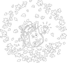 Funny cartoony schoolbag with textbooks, notebooks, rulers, pencils and pens, ringing its bell among colorful autumn leaves on the first day of school, black and white vector cartoon illustration