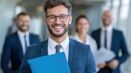 Successful smiling young male job applicant holding a blue file with his curriculum vitae posing in front of his new work colleagues or business team, no logos, no brands