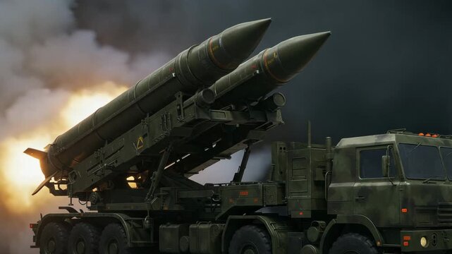 Close up of a military truck with two large missiles on a launcher with flames in the background
