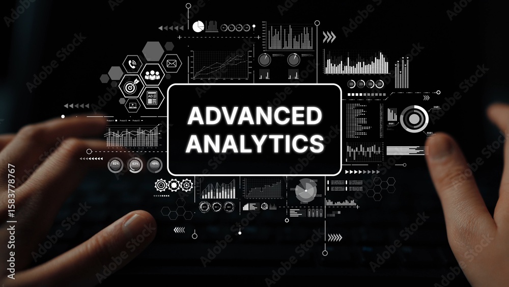Poster hands engaging with data visualizations and metrics for advanced analytics solutions in a digital wo