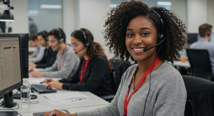 Smiling young black woman wearing a headset works in a busy modern call center environment with colleagues