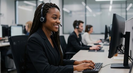 Smiling black woman with braids wearing a headset works at a computer in a modern office setting