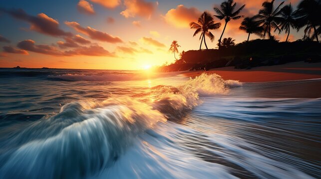 Capture the serene beauty of a secluded tropical beach at sunrise, with palm trees swaying in the gentle breeze and crystal-clear beach and palm on sea with nice sky background