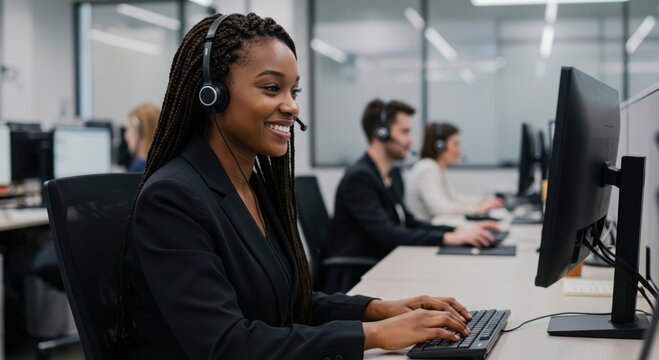 Smiling black woman with braids wearing a headset works at a computer in a modern office setting