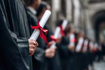 Close-up of students holding their diploma rolls against the backdrop of university buildings, close-up on hands with diplomas in hand, red ribbons tied around their necks Generative AI