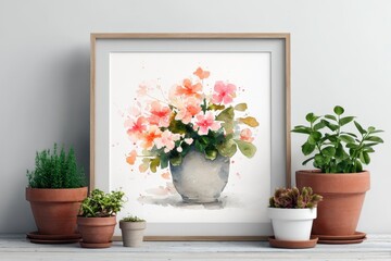 Beautiful floral watercolor painting in an elegant frame, surrounded by various potted plants on a light wooden surface, creating a serene and artistic atmosphere