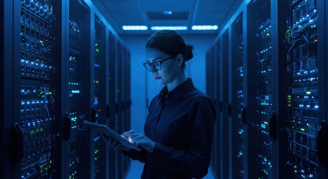 A focused woman in glasses works on a tablet amidst rows of glowing blue server racks in a data center