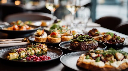Obraz premium Delicious prepared and decorated food on table in restaurant, no logos, no brands