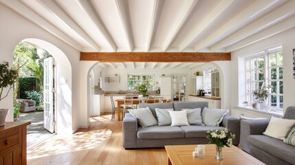 Bright, airy living room with open kitchen and garden access.