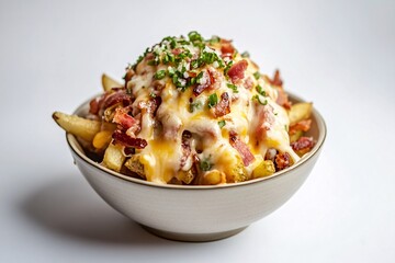 Bowl of French Fries with Crispy Bacon and Creamy Mayonnaise