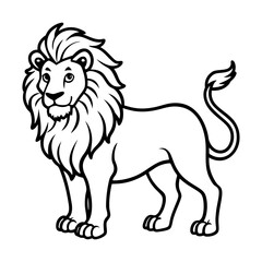 Graceful Standing Male Lion with Flowing Mane Line Art