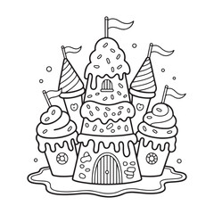 Whimsical Candy Castle Vector with Ice Cream and Sweets, Printable Coloring Page for Kids & Adults,