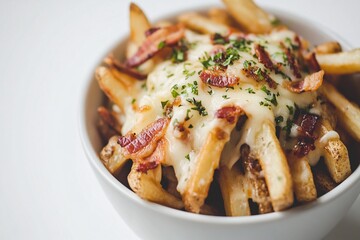 Bowl of French Fries with Crispy Bacon and Creamy Mayonnaise