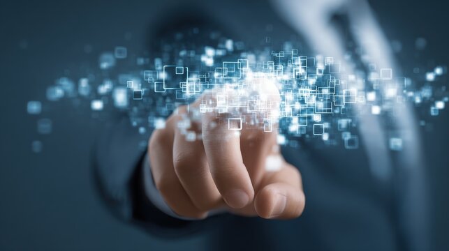 top view of businessman hand working with modern technology and digital layer effect as business strategy concept, no logos, no brands