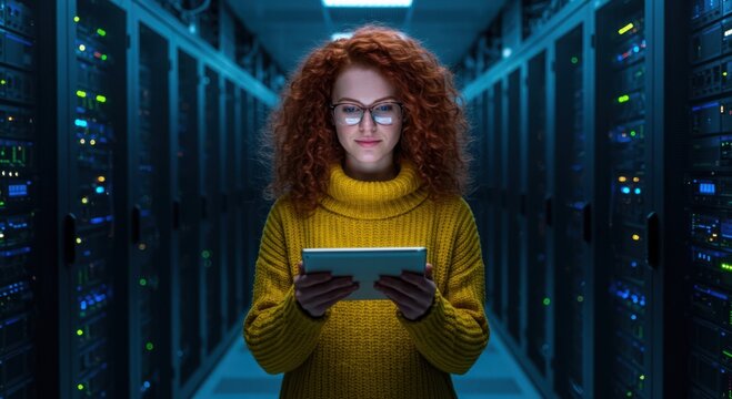 Young woman with curly red hair and glasses using a tablet in a server room with glowing lights
