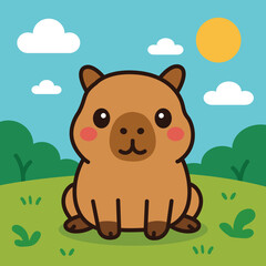 An idle kawaii cute baby capybara sitting on a nature scene. the outdoors consist of grass, bushes, cloud, and sun on a blue sky. clip art flat vector illustration suitable for kids.