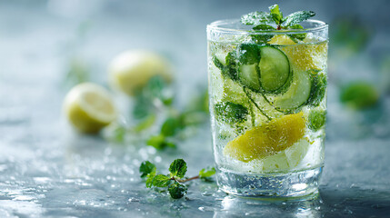 Close-up of a refreshing sparkling water with lemon wedges, cucumber slices, ice, and fresh mint in a clear glass