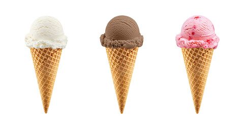 Colorful classic waffle cone ice cream transparent PNG cutout set bundle, isolated background. Vanilla, chocolate, strawberry flavor cue, cold sweet scoop summer treat