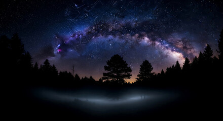 Fototapeta premium Serene night landscape showing the starry expanse over silhouette trees with a mystical ethereal fog near the ground.
