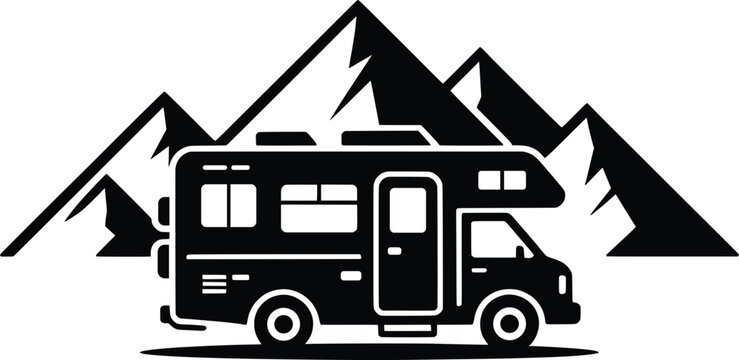 Vintage Camper Van with Mountain Scenery, Retro Adventure RV Travel Logo.

