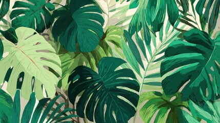 Abstract foliage and botanical background. Green tropical forest wallpaper of monstera leaves, palm leaf, branches in hand drawn pattern. Exotic plants background for banner, prints, decor, wall art.