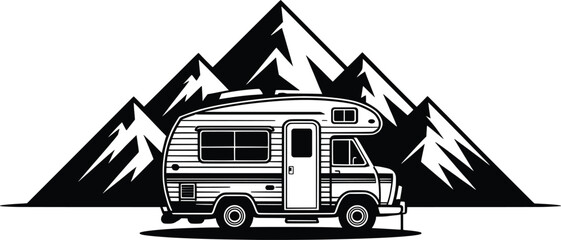Classic RV Camper Van with Mountain Background, Retro Motorhome Travel Silhouette Vector Illustration.