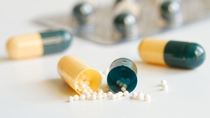 Close‑up macro shot of an open capsule revealing interior granules, symbolizing prescription...
