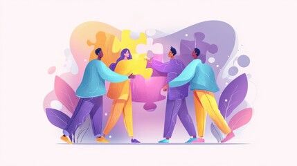 Fototapeta premium Finding solution, problem solving. Teamwork and partnership. Working team collaboration, enterprise cooperation, colleagues mutual assistance concept. Vector isolated concept creative illustration, n