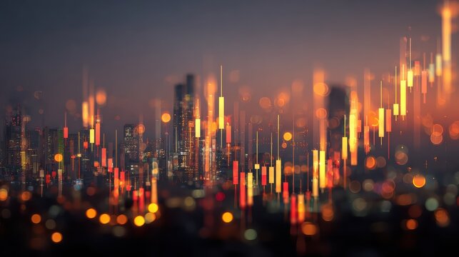 Abstract glowing big data forex candlestick chart on blurry city backdrop. Trade, technology, investment and analysis concept. Double exposure, no logos, no brands