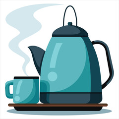 Obraz premium Teapot and Cup with Steam Illustration on Tray in Blue Tones