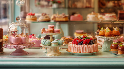 Elegant Parisian patisserie display with colorful cakes, macarons, and berries in vintage bakery