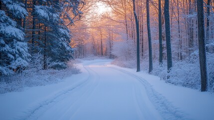 Obraz premium Snowy forest road with trees covered in snow and sunlight filtering through