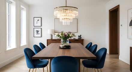 Elegant dining room with a long wooden table, blue velvet chairs, and a crystal chandelier.
