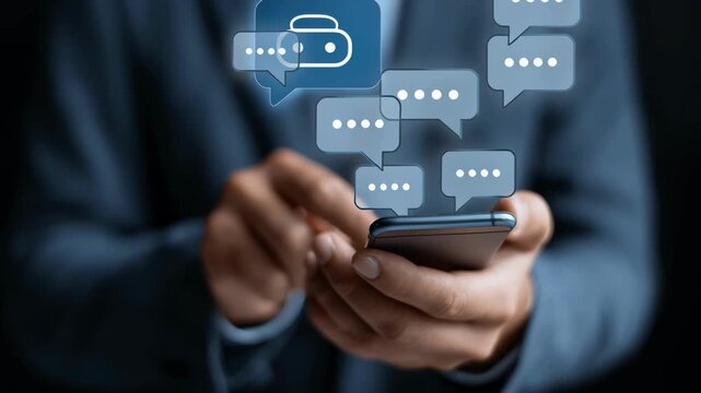 Businessman utilizes smartphone for AI chatbot interaction, showcasing innovation in digital communication and modern technology advancements