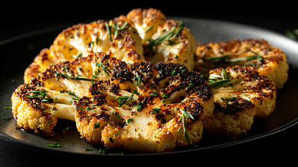 Artfully arranged roasted cauliflower steaks with caramelized edges and fresh herbs on dark plate