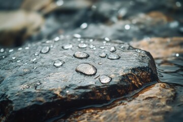 Close-up of water droplets resting on a smooth rock in a serene natural setting during morning light