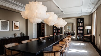 Elegant dining room with statement lighting and a long table.