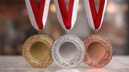 Champion gold, silver and bronze award medals with red ribbons, no logos, no brands