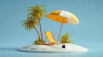 Obraz premium 3d illustration. Palms and beach with chair, Beach umbrella and Smartphone on sand. Travel and Summer vacation concept., no logos, no brands