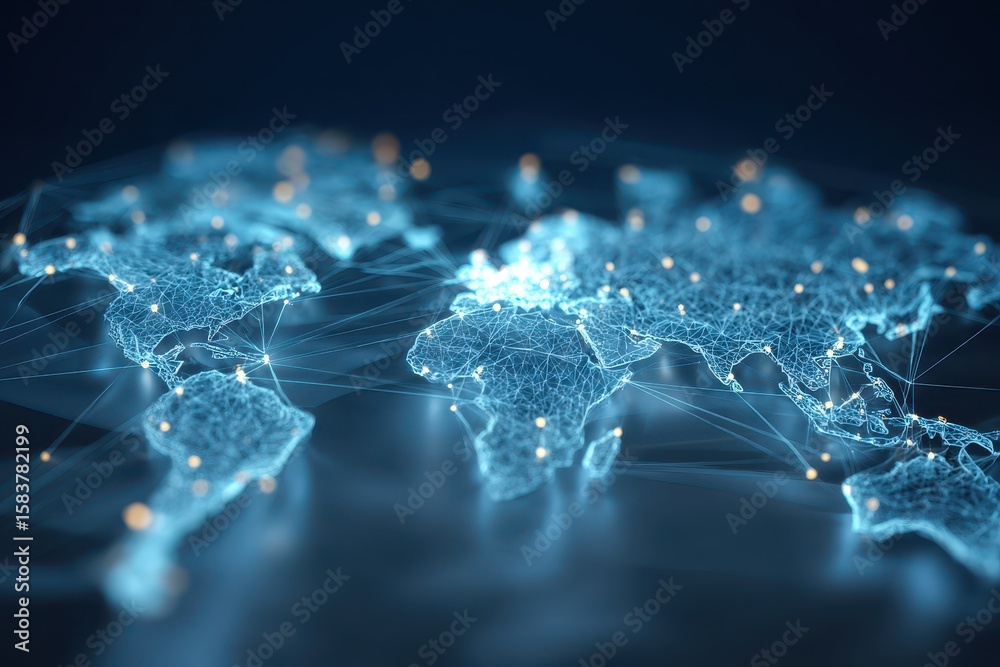 Poster global connectivity represented by a digital world map on a light blue background showcasing interco